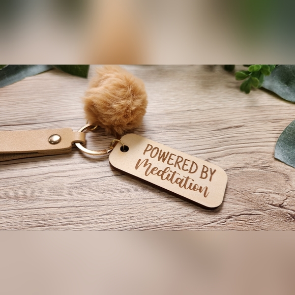 POWERED BY MEDITATION Laser Engraved Charm with Keychain Wristlet & Puff - Picture 6 of 8